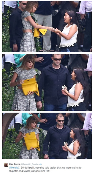 Illustration for article titled In Central Park today, Taylor Swift gave a fan $90 for Chipotle